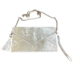 Ivory Large Velvet Envelope Shaped Crossbody Bag With Gold Chain and Tassel